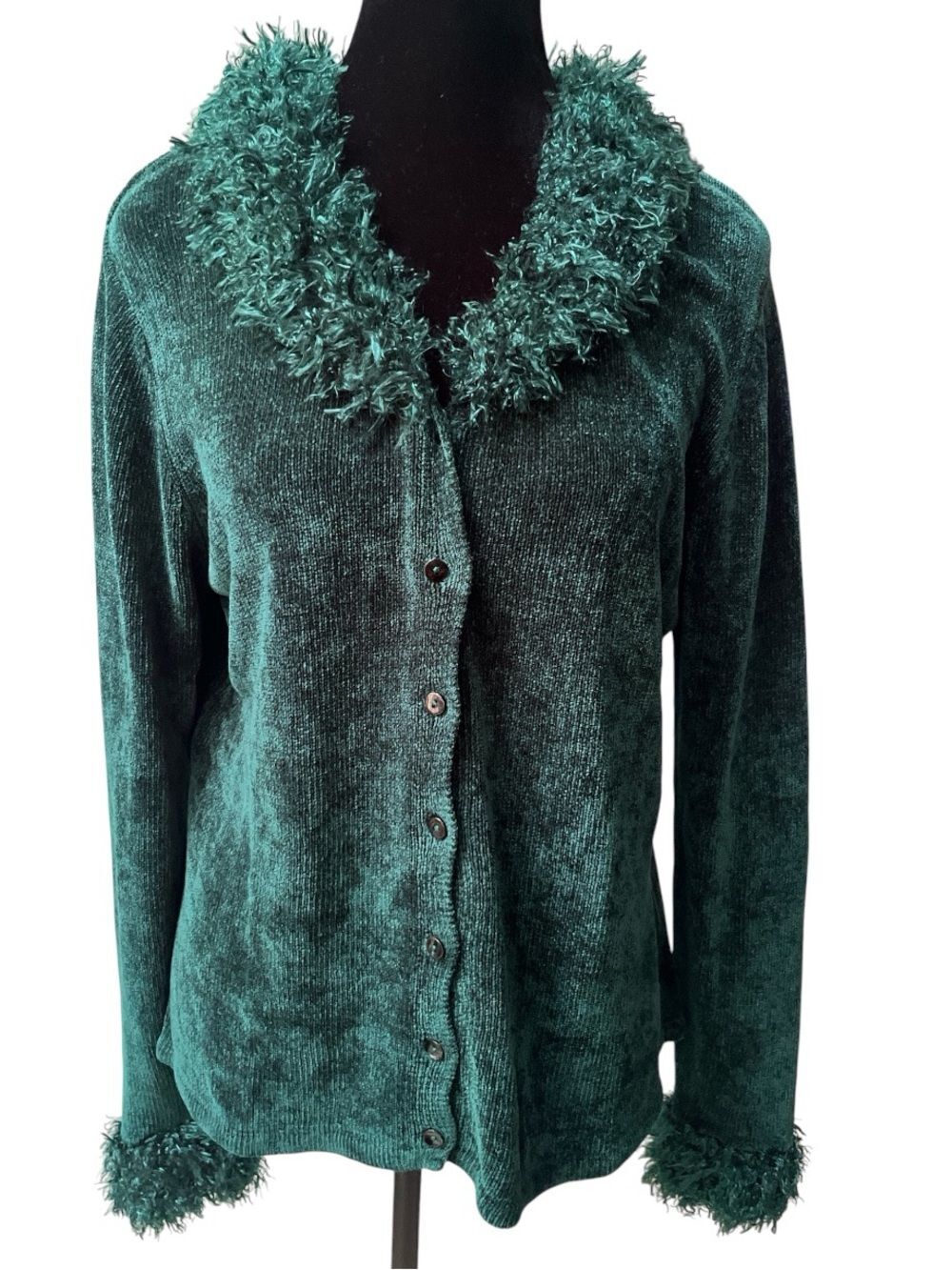 Vintage Lord & Taylor Green Knit Cardigan with Fringe Boho Retro Sweater L